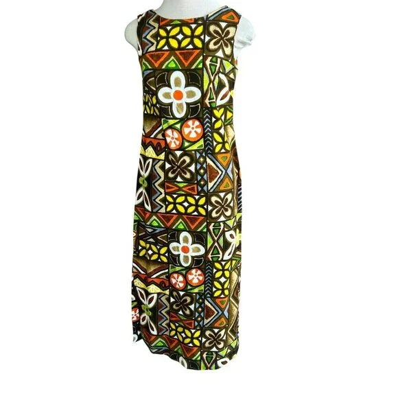 Pomare Tahiti Colorful Hawaiian Tribal Barkcloth Sleeveless Maxi Dress